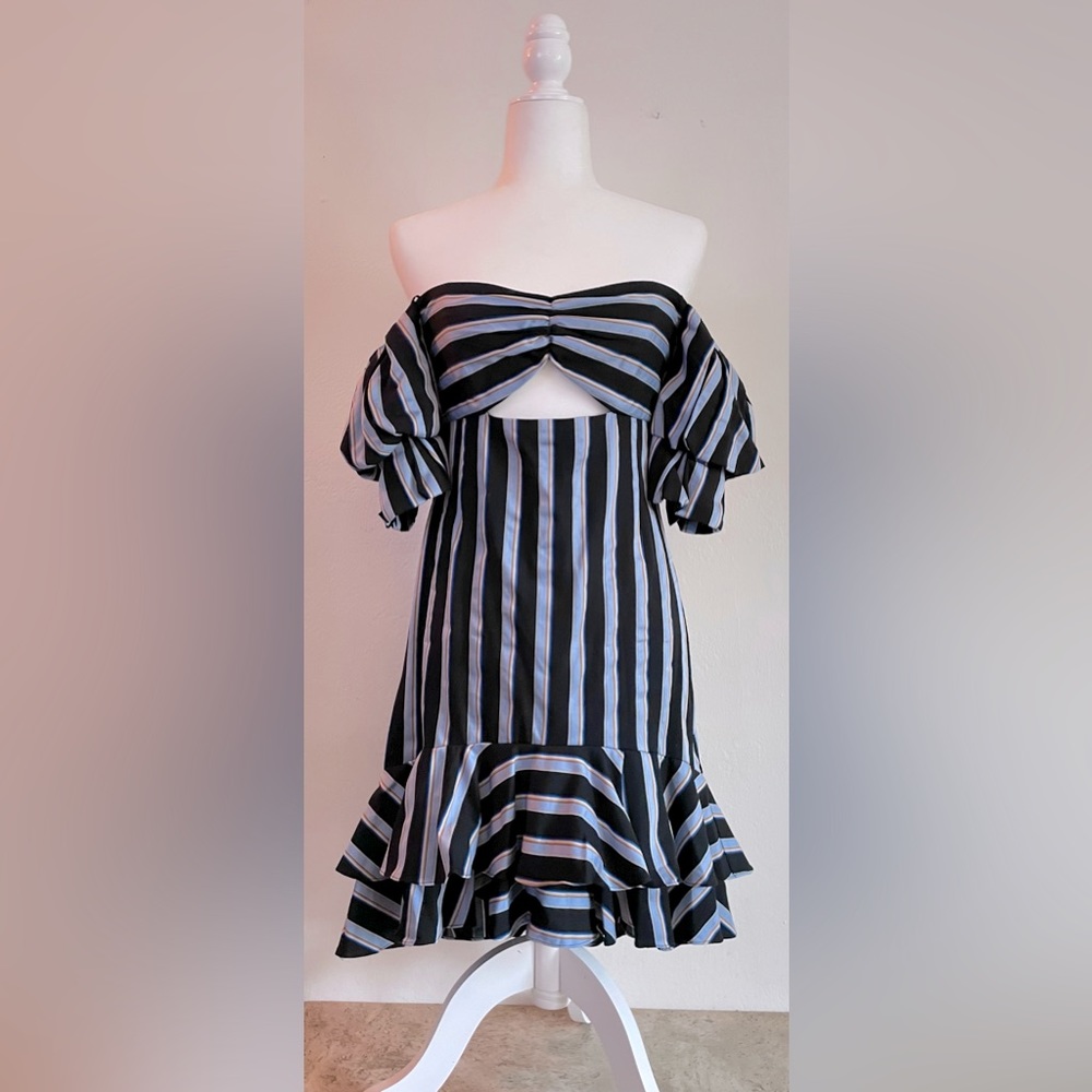 WAYF Korbin Off the Shoulder Striped Dress w/ Cutout and Ruffle Hem